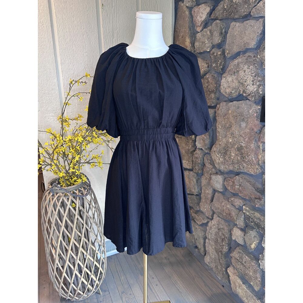 Moon River Black Puff Sleeve Smocked Waist Mini Dress - Size S LBD